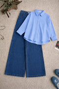 Sky Blue  Button-Down Shirt & High-Waisted Mid Blue Wide Leg Denim Jeans