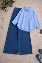 Sky Blue  Button-Down Shirt & High-Waisted Mid Blue Wide Leg Denim Jeans