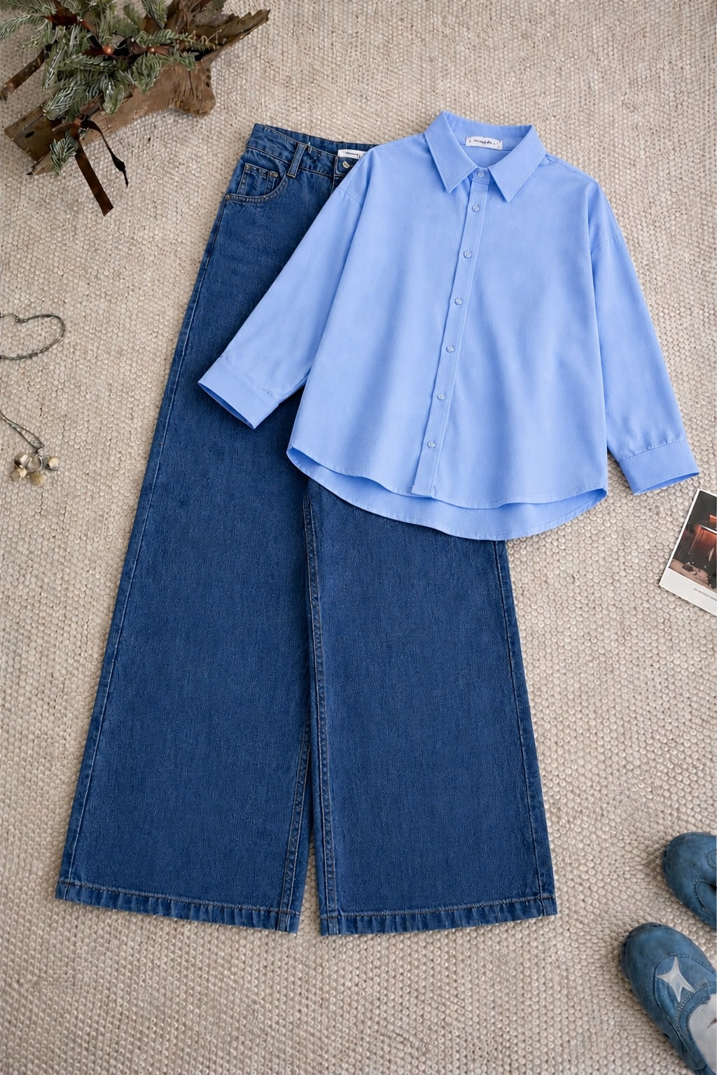 Sky Blue  Button-Down Shirt & High-Waisted Mid Blue Wide Leg Denim Jeans