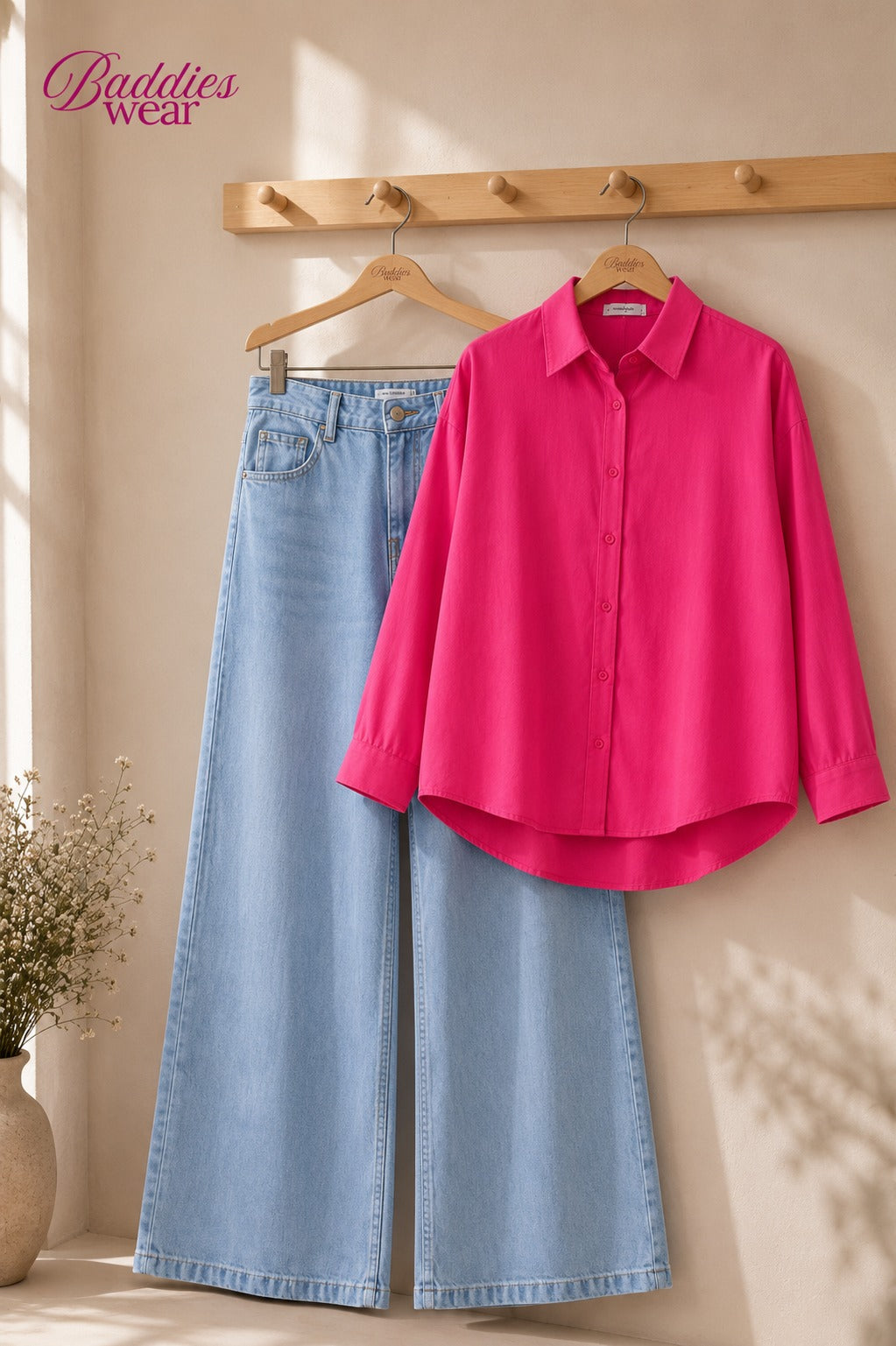 Pink Button-Down Shirt & High-Waisted Sky Blue Wide Leg Denim Jeans