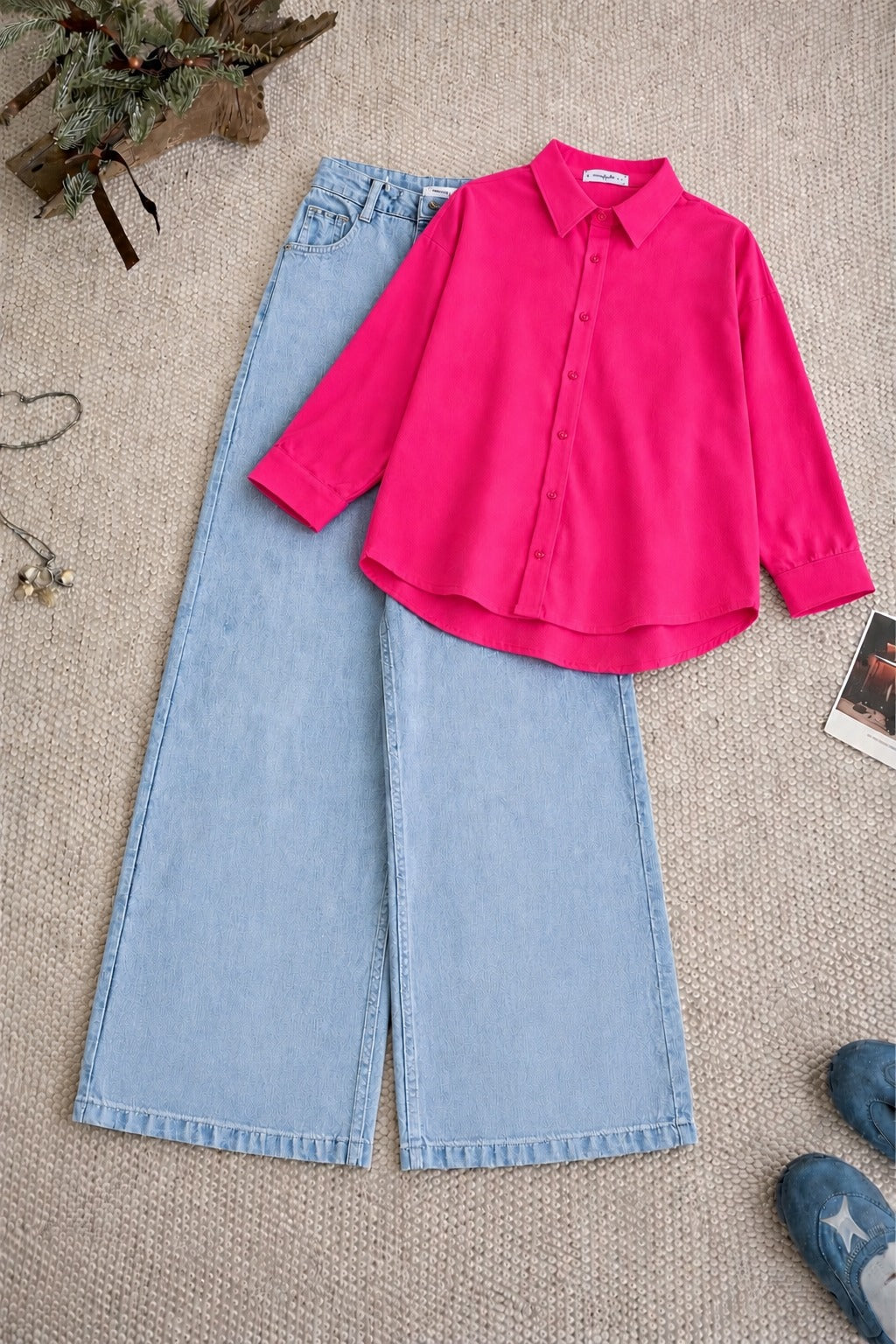 Pink Button-Down Shirt & High-Waisted Sky Blue Wide Leg Denim Jeans