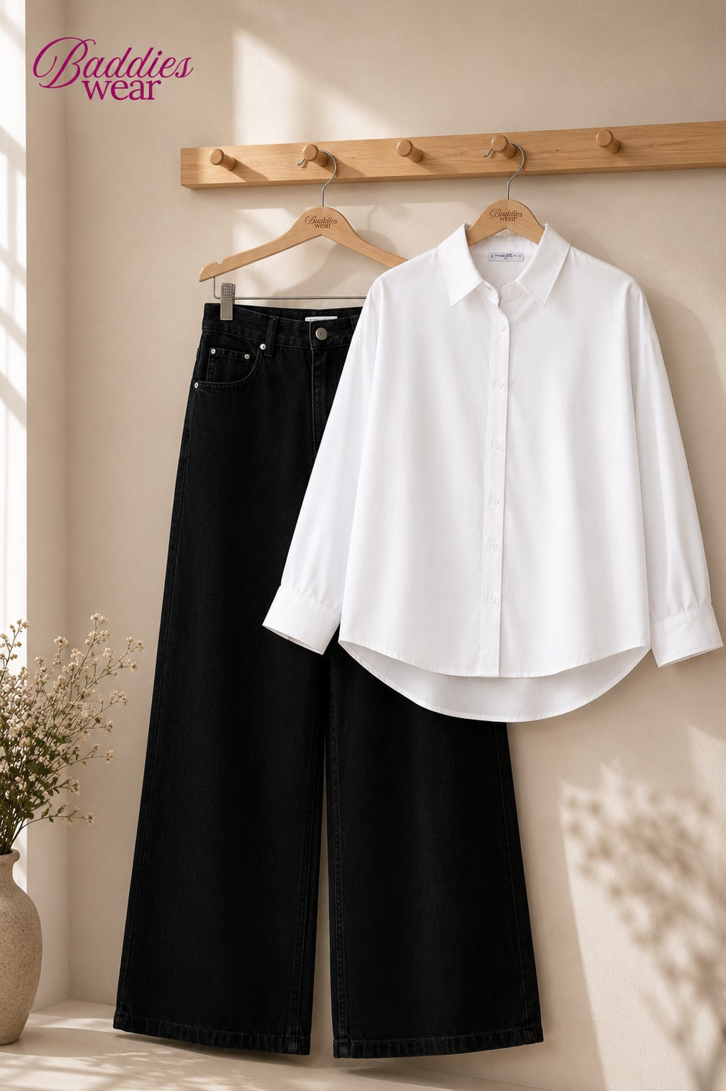 White Button-Down Shirt & High-Waisted Black Wide Leg Denim Jeans