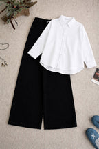 White Button-Down Shirt & High-Waisted Black Wide Leg Denim Jeans
