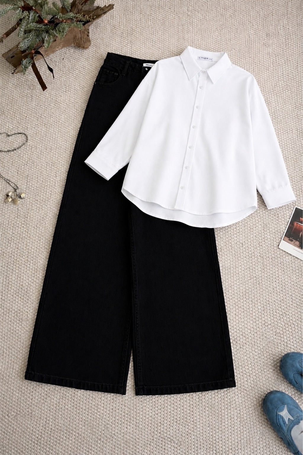 White Button-Down Shirt & High-Waisted Black Wide Leg Denim Jeans