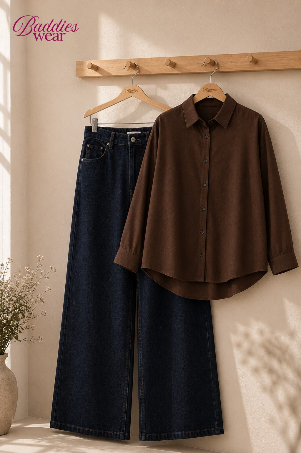 Brown Button-Down Shirt & High-Waisted Navy Blue Wide Leg Denim Jeans