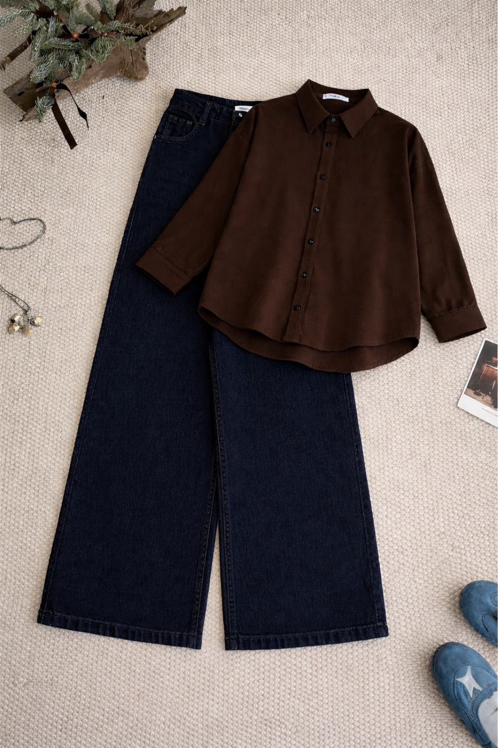 Brown Button-Down Shirt & High-Waisted Navy Blue Wide Leg Denim Jeans