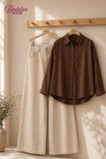 Chocolate Brown Button-Down Shirt & High-Waisted Beige Wide Leg Denim Jeans