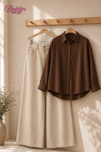 Chocolate Brown Button-Down Shirt & High-Waisted Beige Wide Leg Denim Jeans