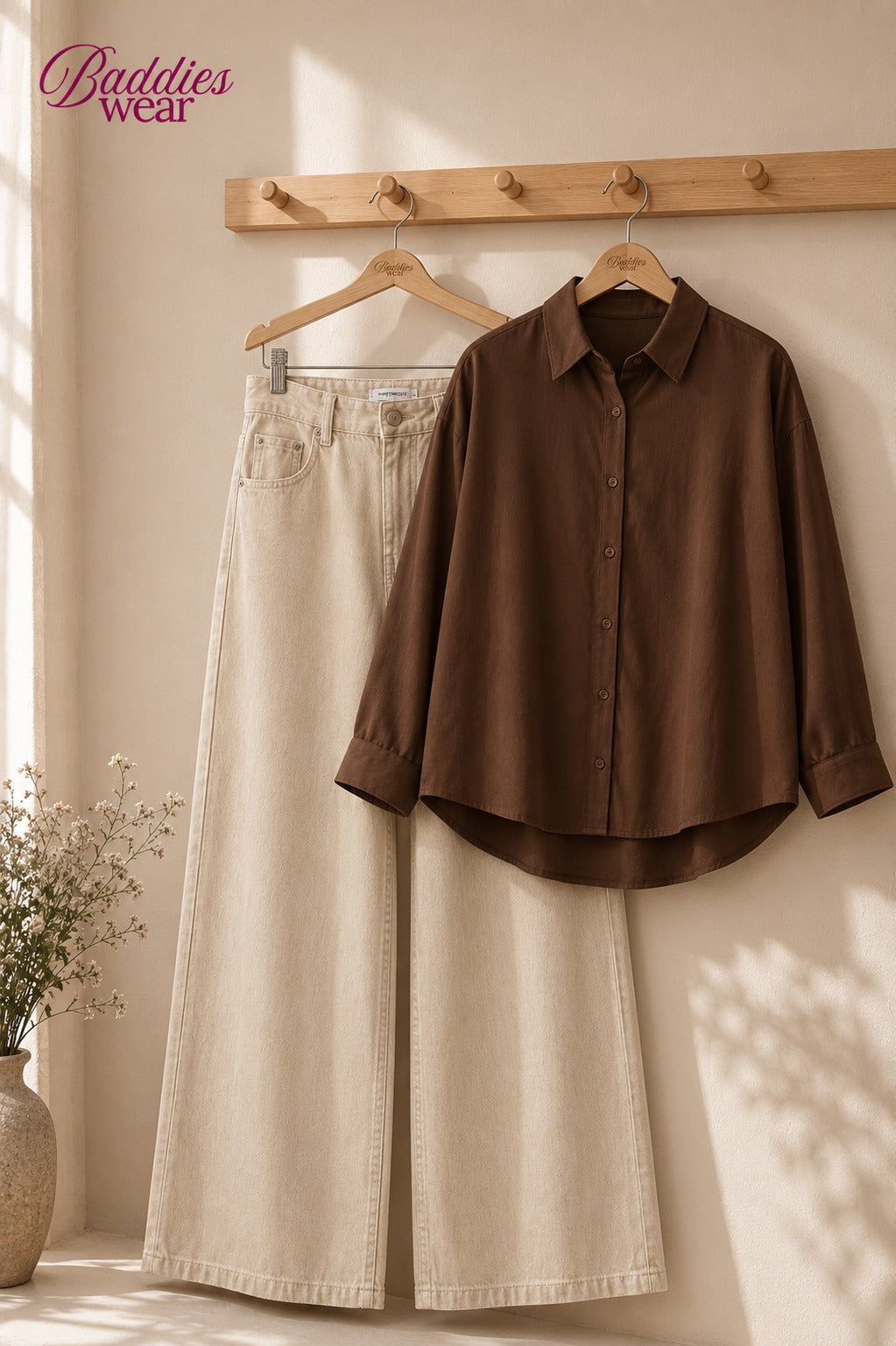Chocolate Brown Button-Down Shirt & High-Waisted Beige Wide Leg Denim Jeans
