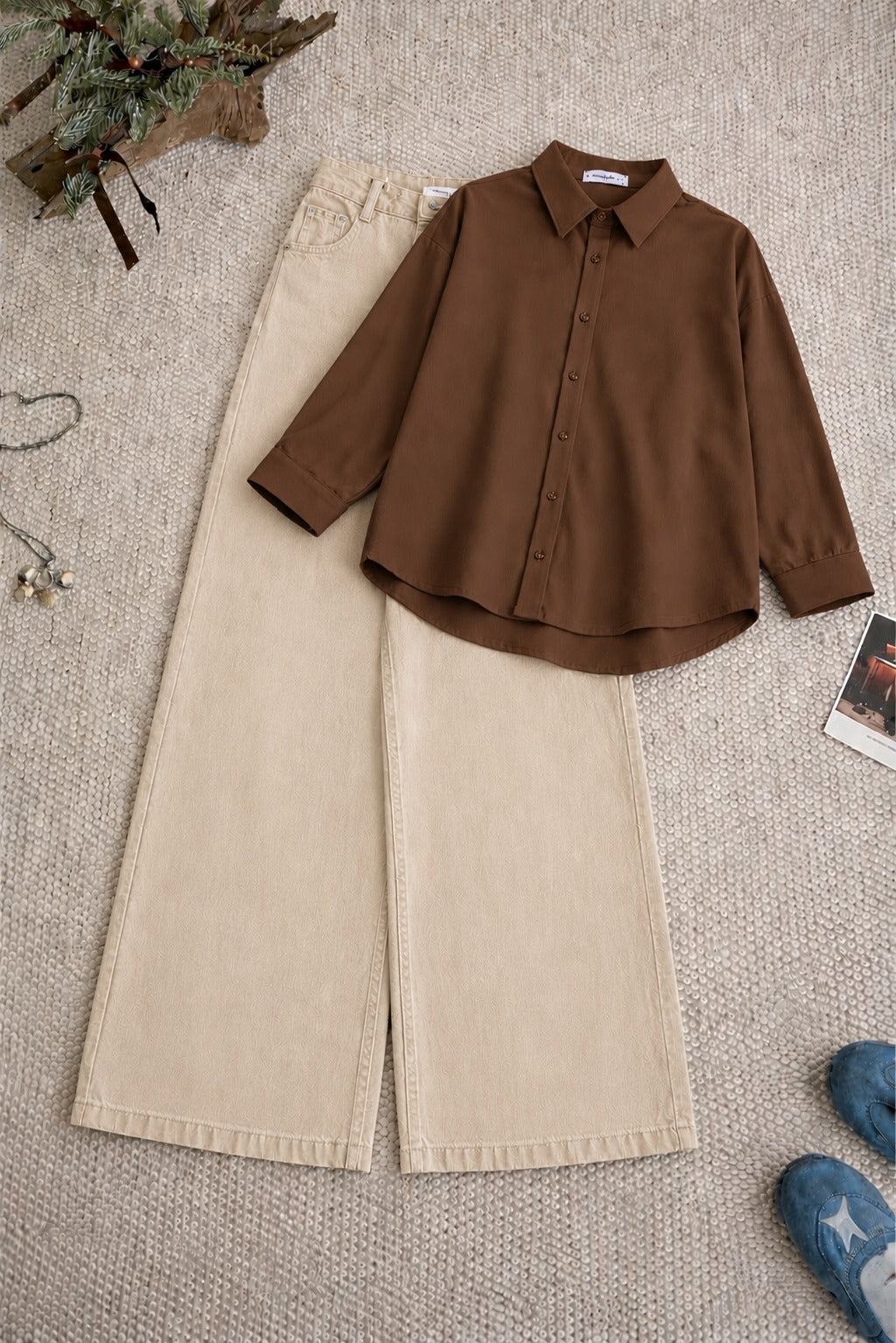 Chocolate Brown Button-Down Shirt & High-Waisted Beige Wide Leg Denim Jeans