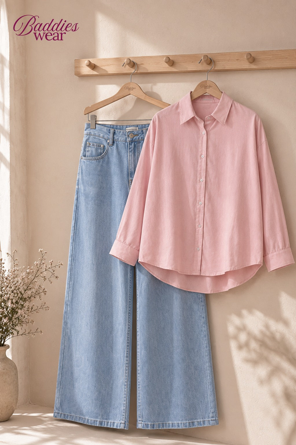 Baby Pink Button-Down Shirt & High-Waisted Sky Blue Wide Leg Denim Jeans