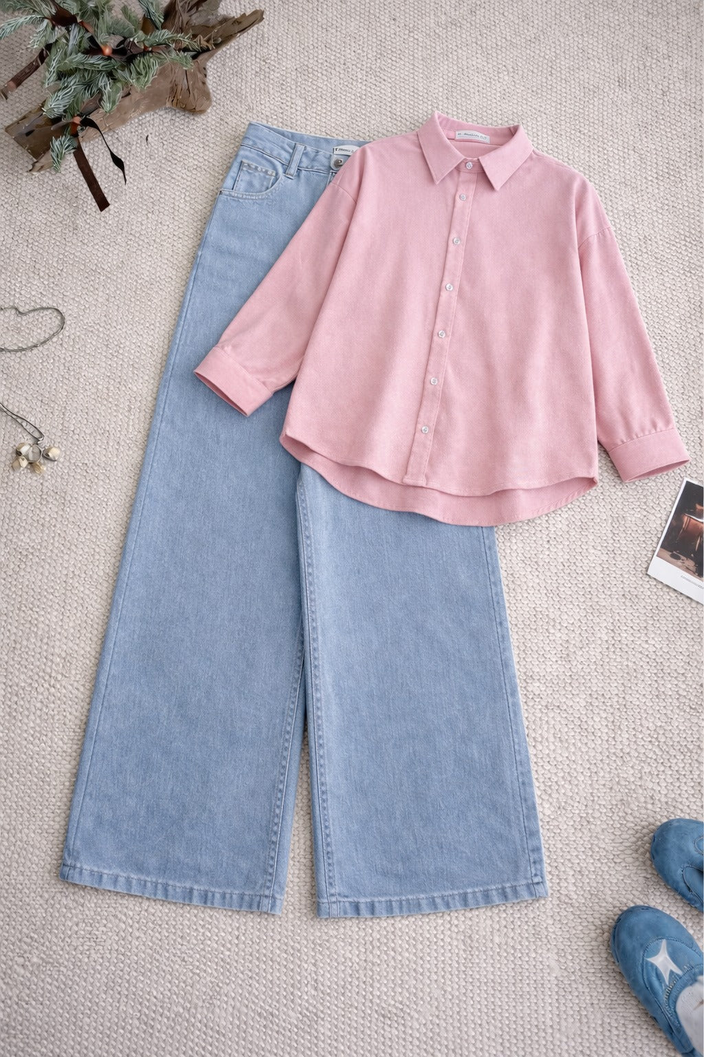 Baby Pink Button-Down Shirt & High-Waisted Sky Blue Wide Leg Denim Jeans