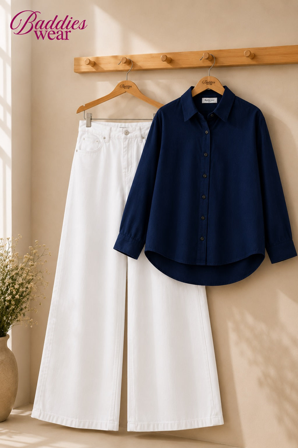 Navy Blue Button-Down Shirt & High-Waisted White Wide Leg Denim Jeans