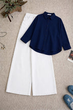 Navy Blue Button-Down Shirt & High-Waisted White Wide Leg Denim Jeans