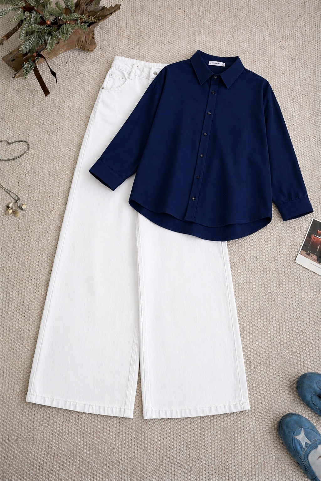 Navy Blue Button-Down Shirt & High-Waisted White Wide Leg Denim Jeans