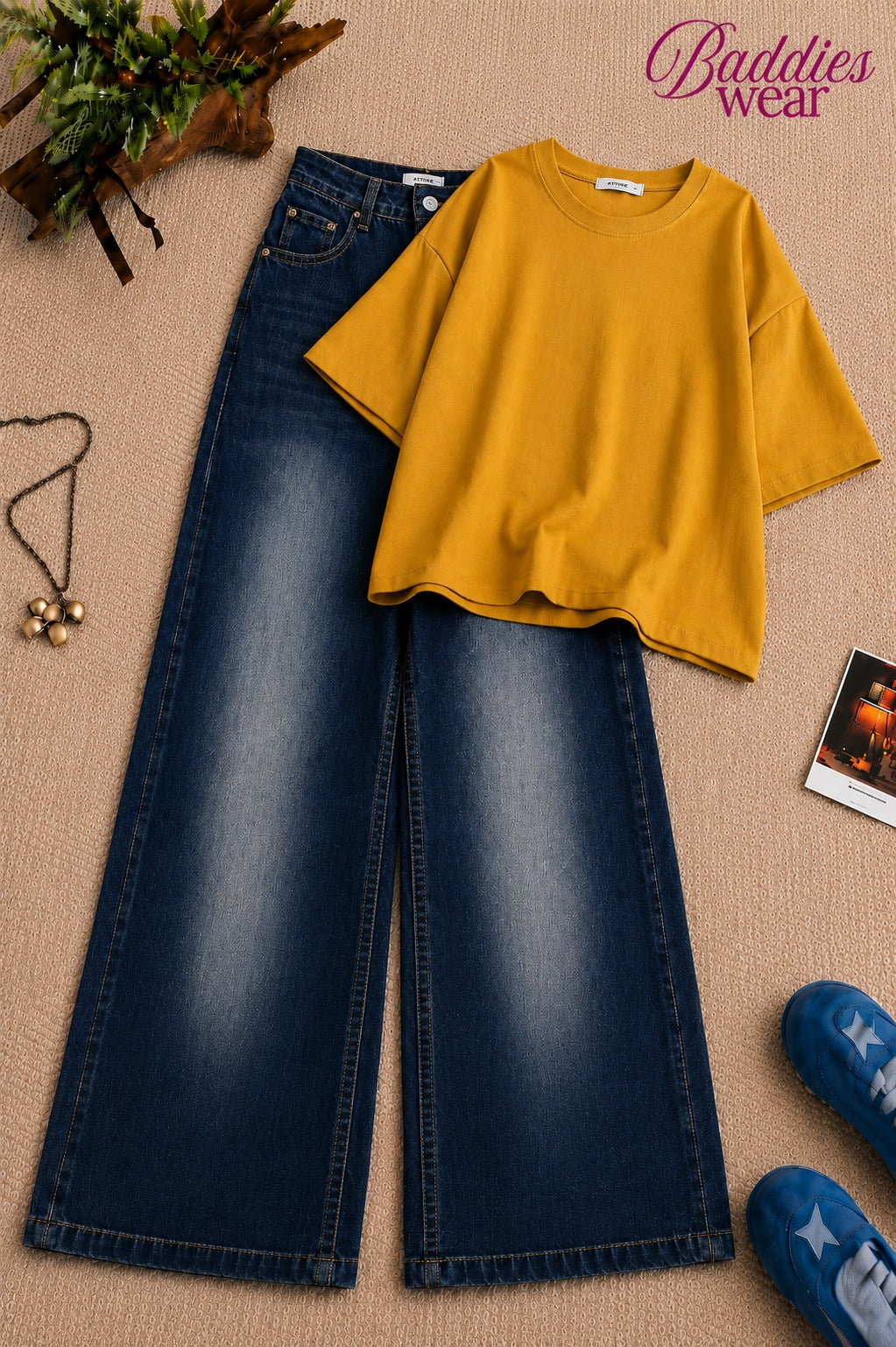 Mustard Yellow Baggy Drop Shoulder Tee & Dark Blue Vintage Baggy Jeans