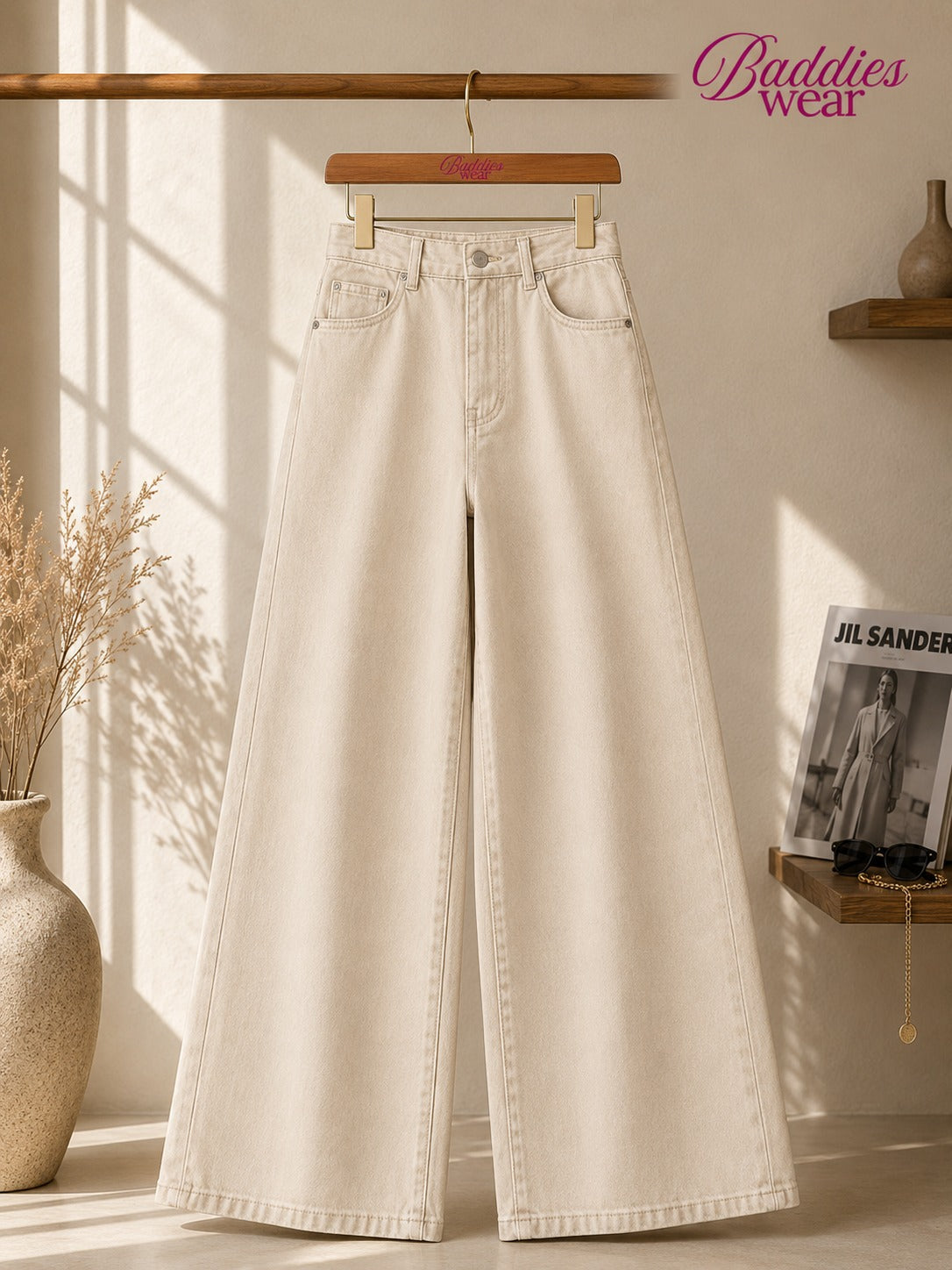 Cream Denim Wide Leg Jeans