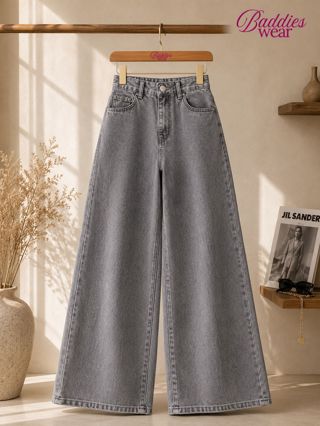 Grey Denim Wide Leg Jeans