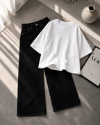 White Drop Shoulder With Black Wide Leg Jeans