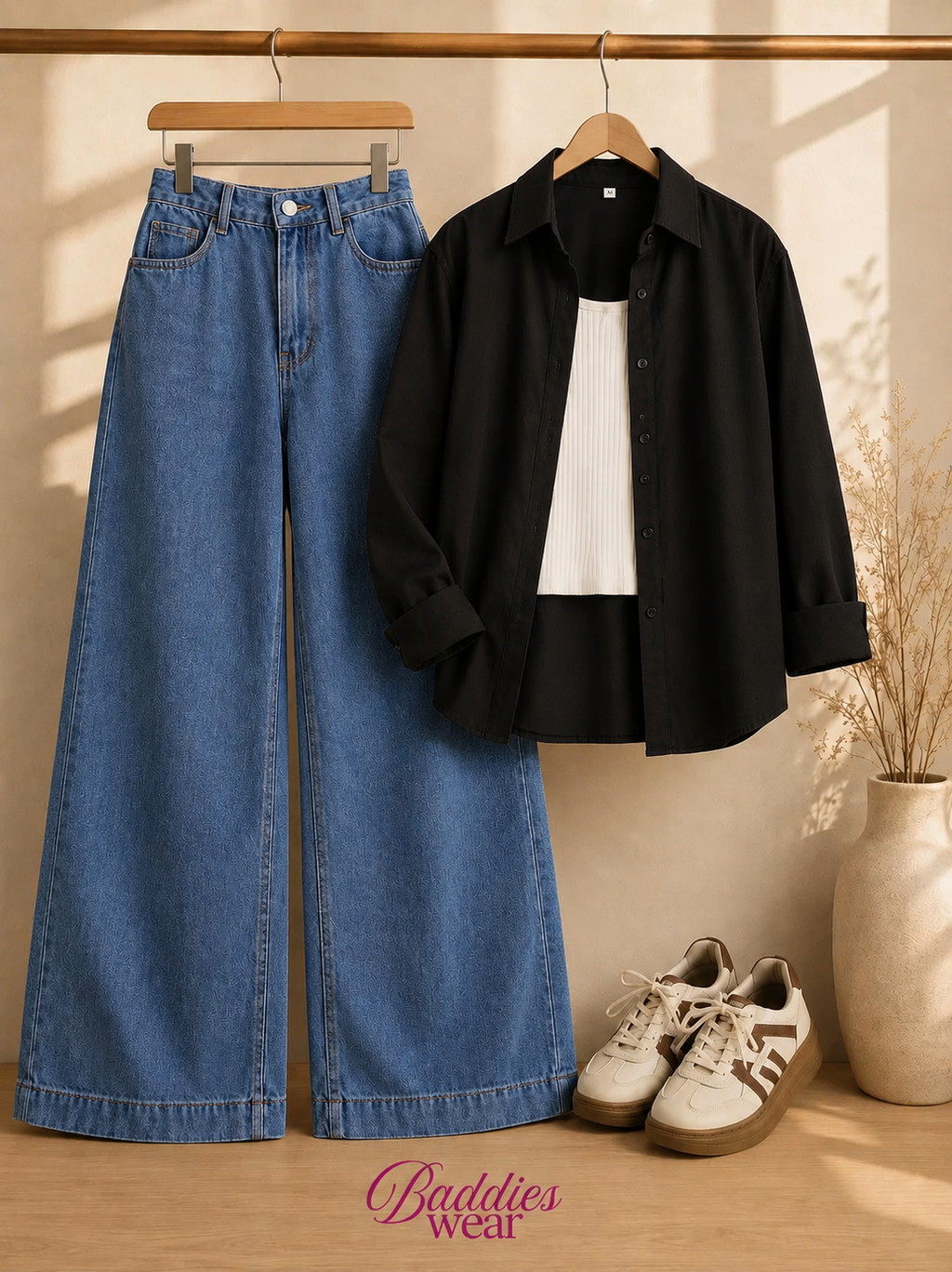 Black Button-Down Shirt With White Tank Top & Mid Blue Wide Leg Jeans