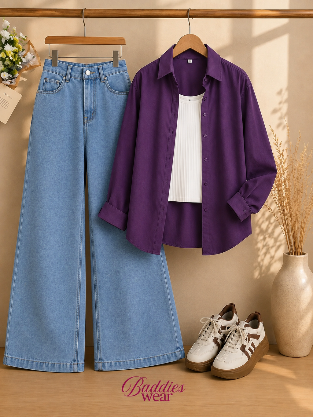 Purple Button-Down Shirt With White Tank Top & Sky-Blue Wide Leg Jeans