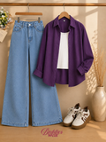 Purple Button-Down Shirt With White Tank Top & Sky-Blue Wide Leg Jeans