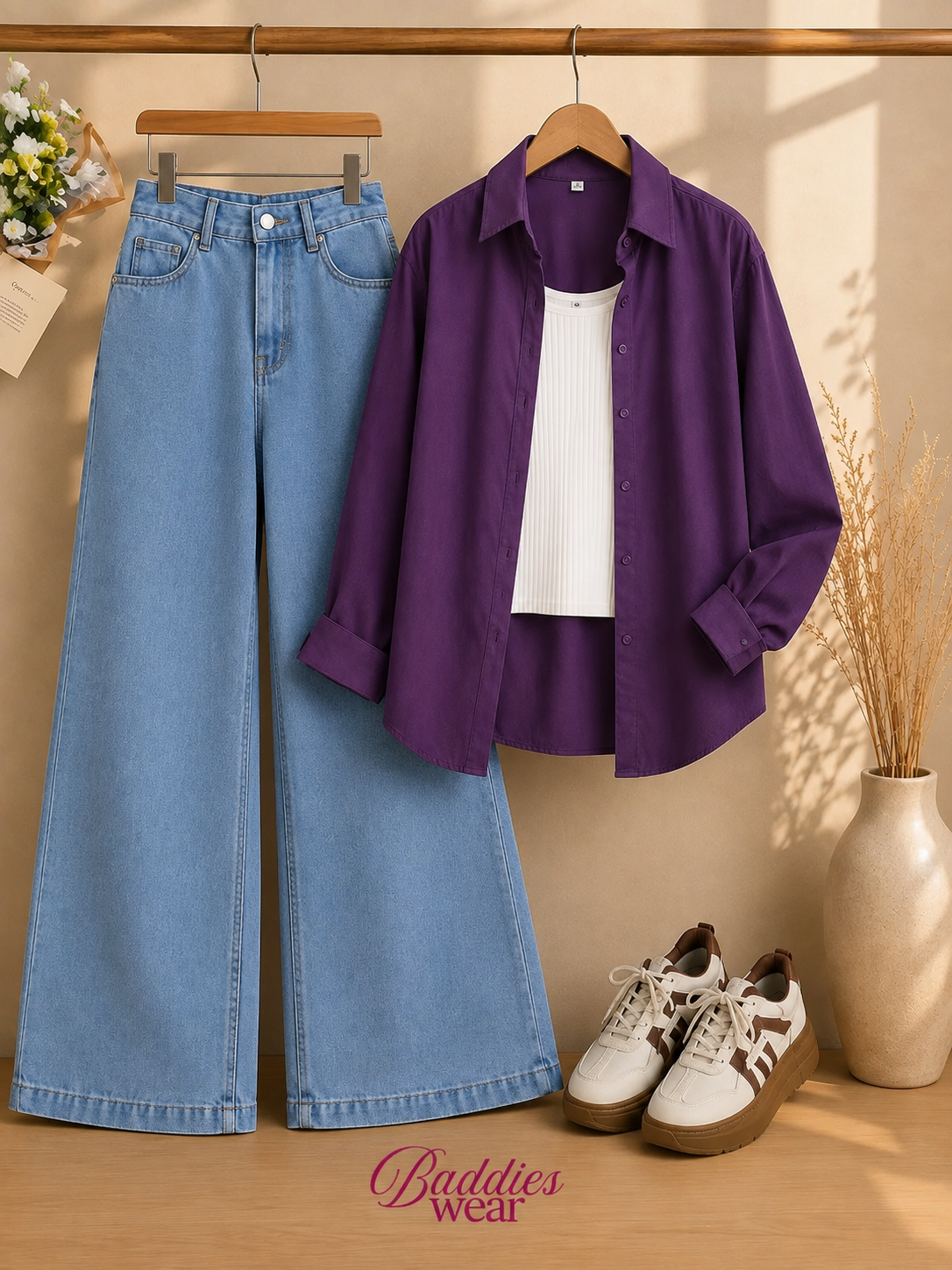 Purple Button-Down Shirt With White Tank Top & Sky-Blue Wide Leg Jeans