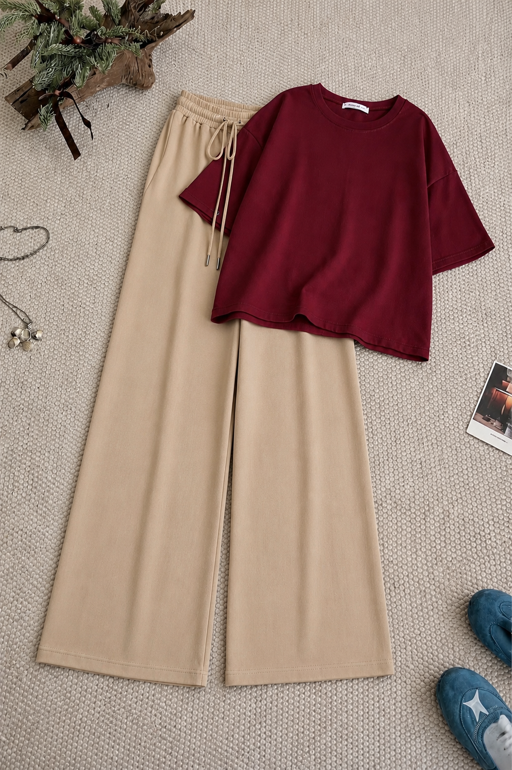 Burgundy Oversized Tee With Beige Flapper Trouser