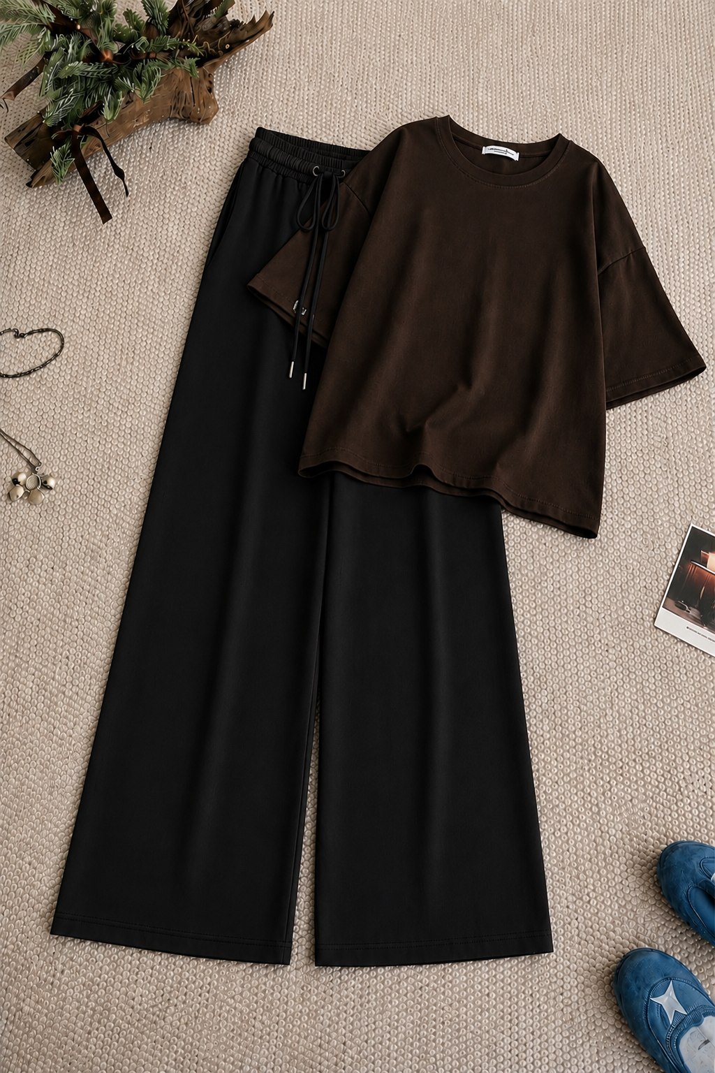 Dark Brown Oversized Tee With Black Flapper Trouser