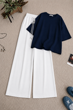Navy Blue Oversized Tee With White Flapper Trouser