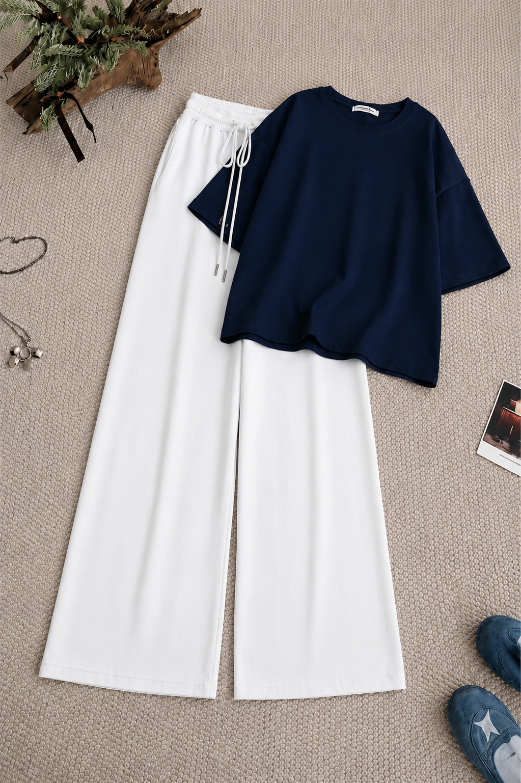 Navy Blue Oversized Tee With White Flapper Trouser