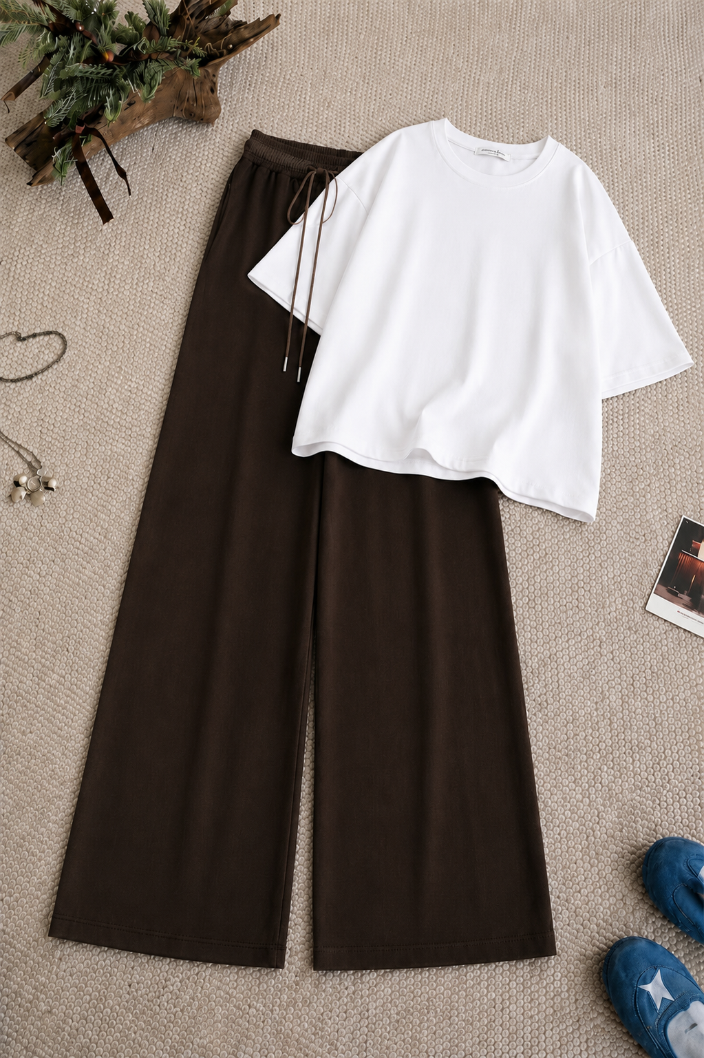 White Oversized Tee With Dark Brown Flapper Trouser