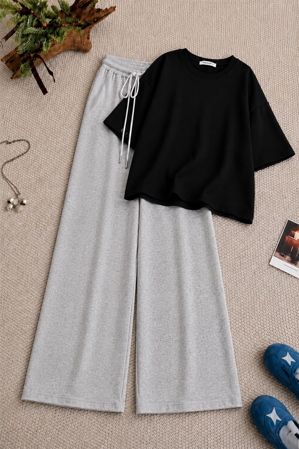 Black Oversized Tee With Light Grey Flapper Trouser