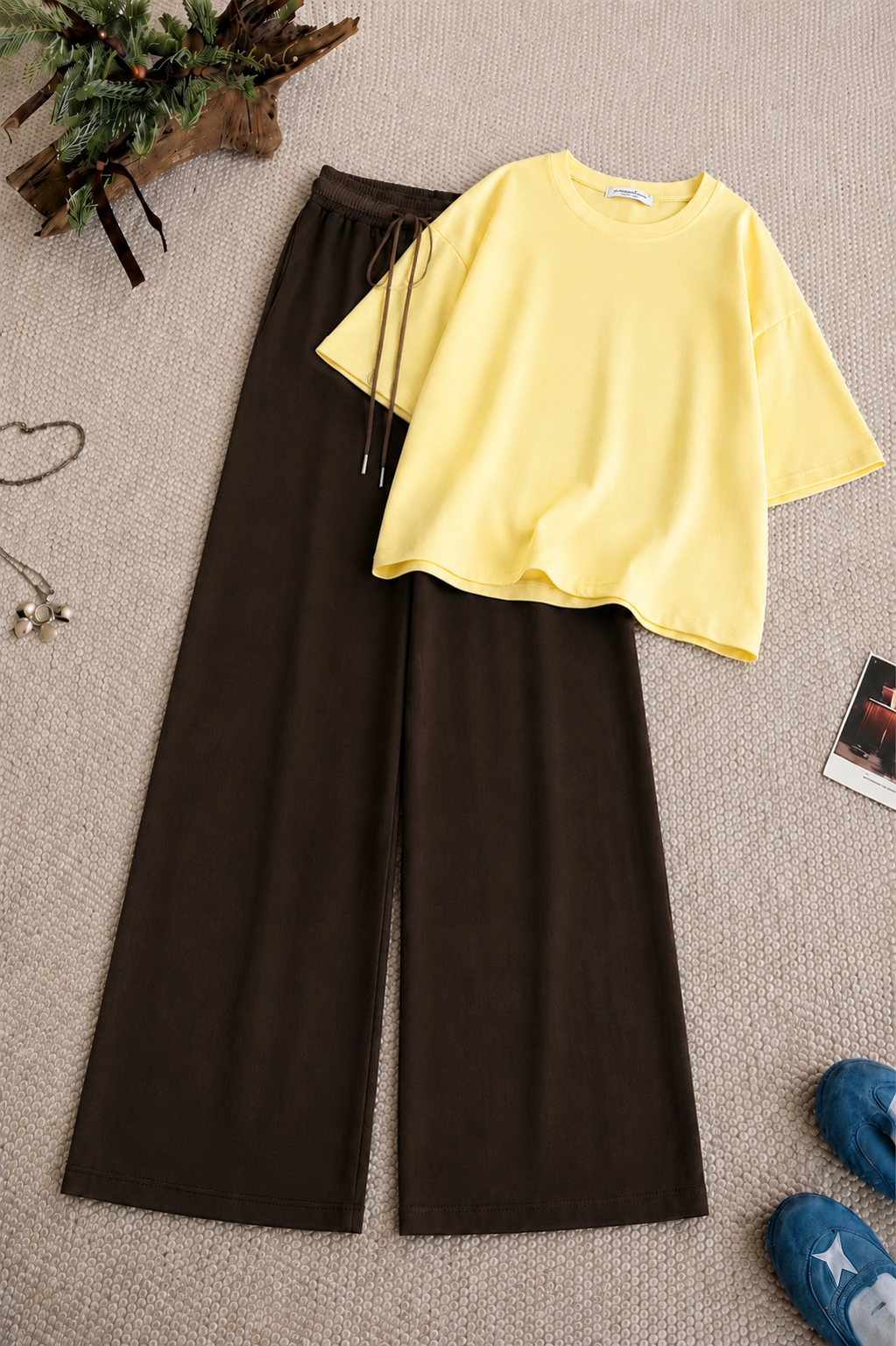 Yellow Oversized Tee With Dark Brown Flapper Trouser