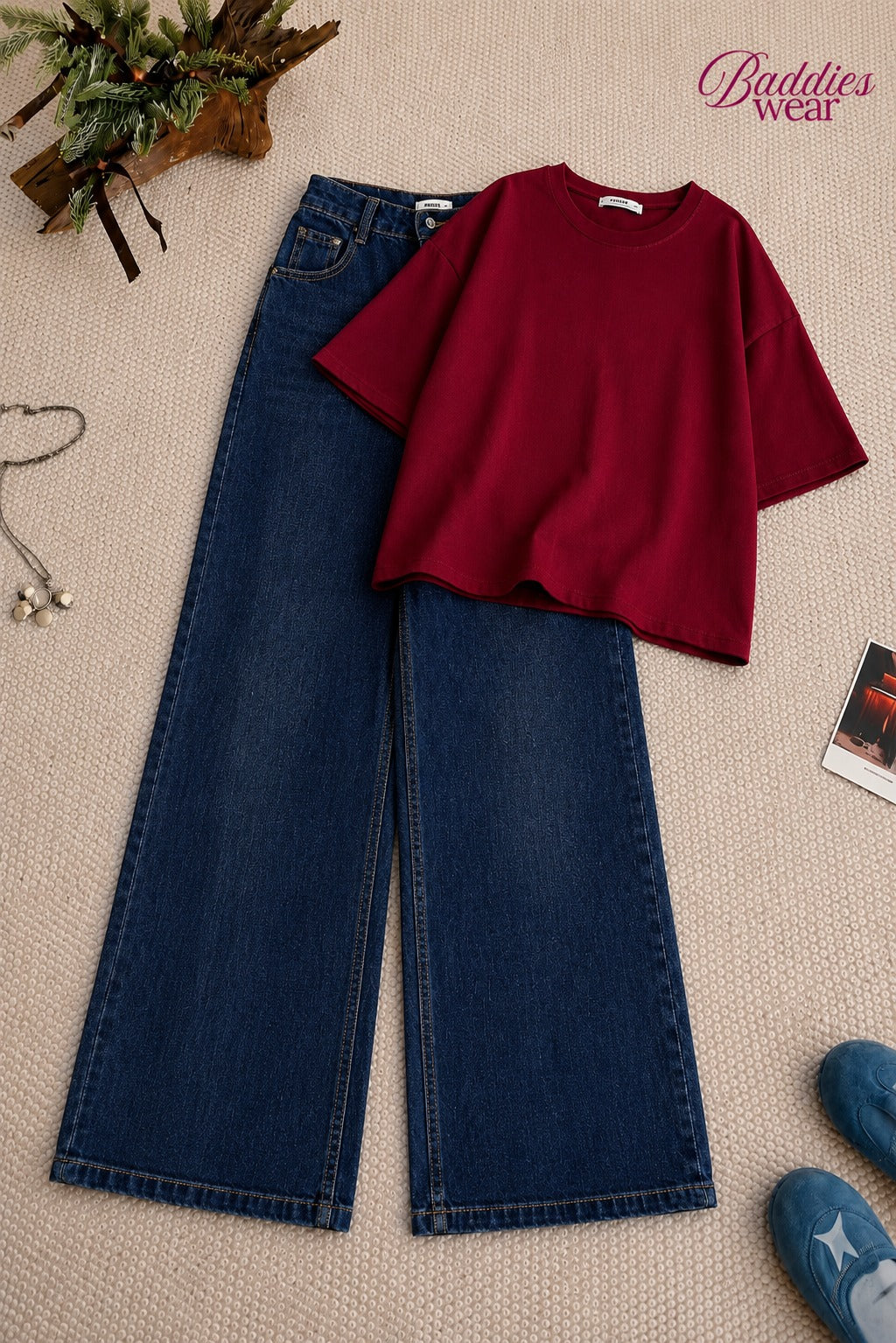 Maroon Drop Shoulder With Dark Blue Wide Leg Jeans