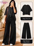 Charcoal Grey Drop-Shoulder T-Shirt & Black Cargo Jeans