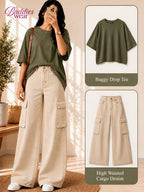 Olive Green Drop-Shoulder T-Shirt & Beige Cargo Jeans