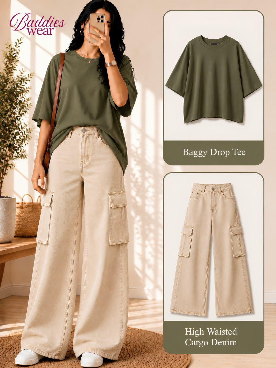 Olive Green Drop-Shoulder T-Shirt & Beige Cargo Jeans