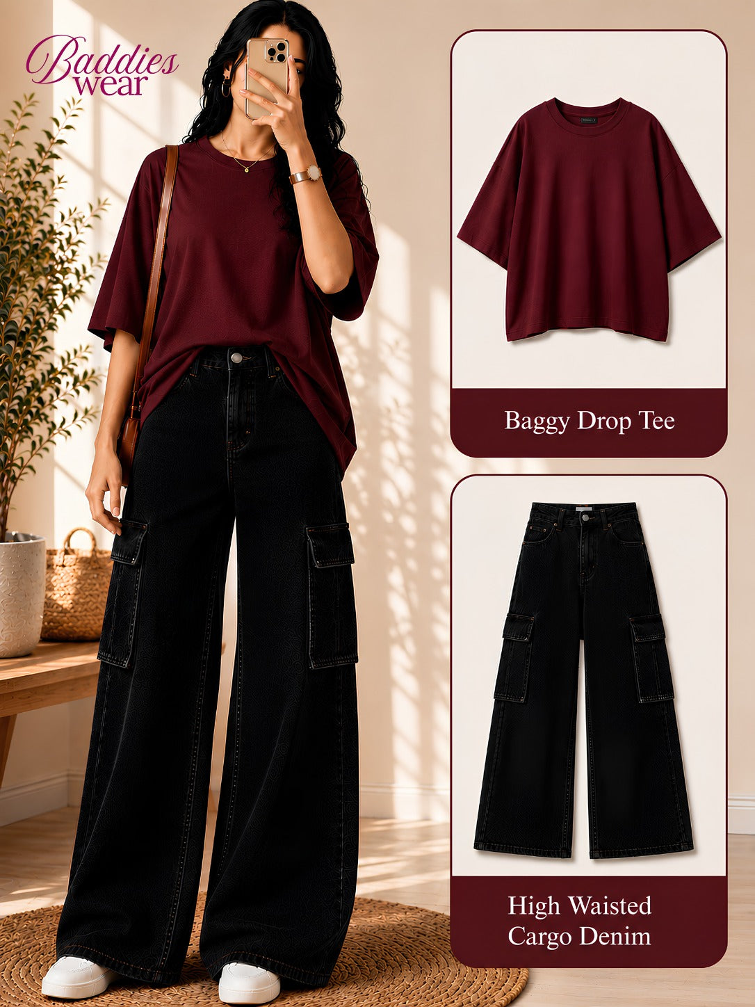 Maroon Drop-Shoulder T-Shirt & Black Cargo Jeans