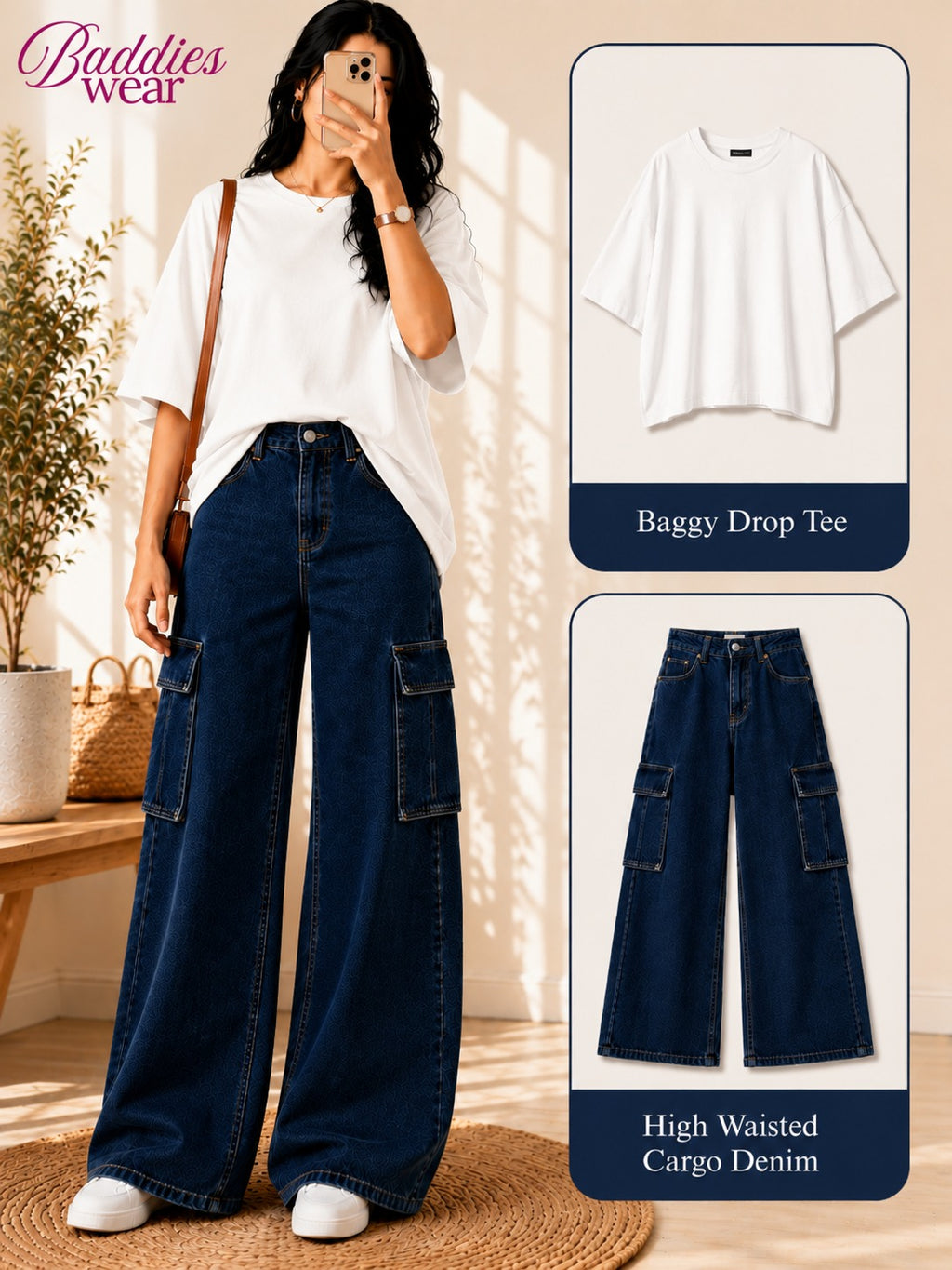 White Drop-Shoulder T-Shirt & Mid-Blue Cargo Jeans
