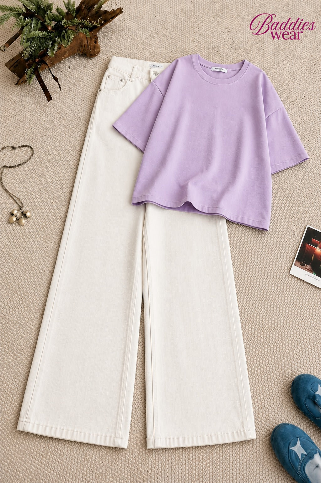 Lilac Drop Shoulder With White Wide Leg Jeans