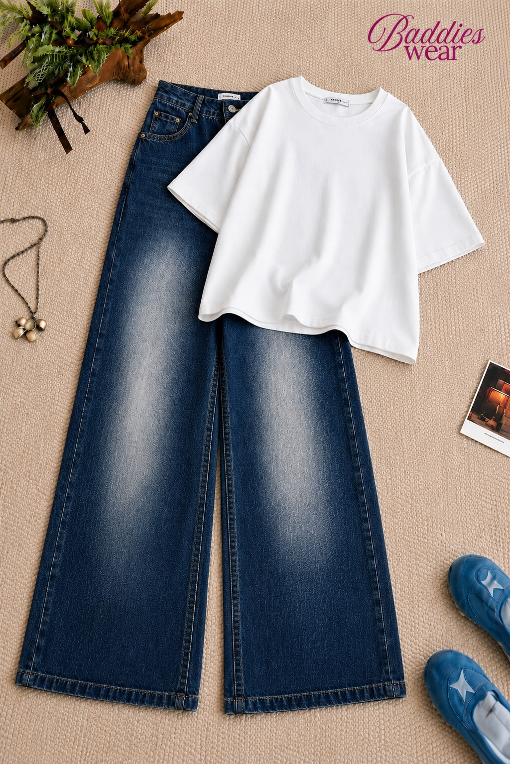 White Baggy Drop Shoulder Tee &  Mid-Blue Vintage Baggy Jeans