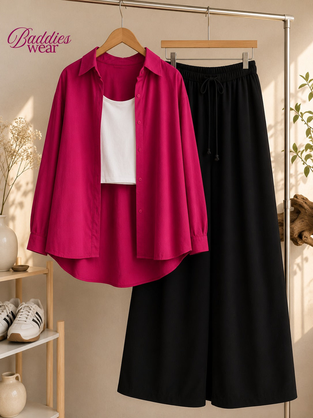 Hot Pink Button Down Shirt With White Tank Top & Black Flapper Trouser