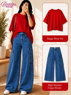 Red Drop-Shoulder T-Shirt & Mid-Blue Cargo Jeans