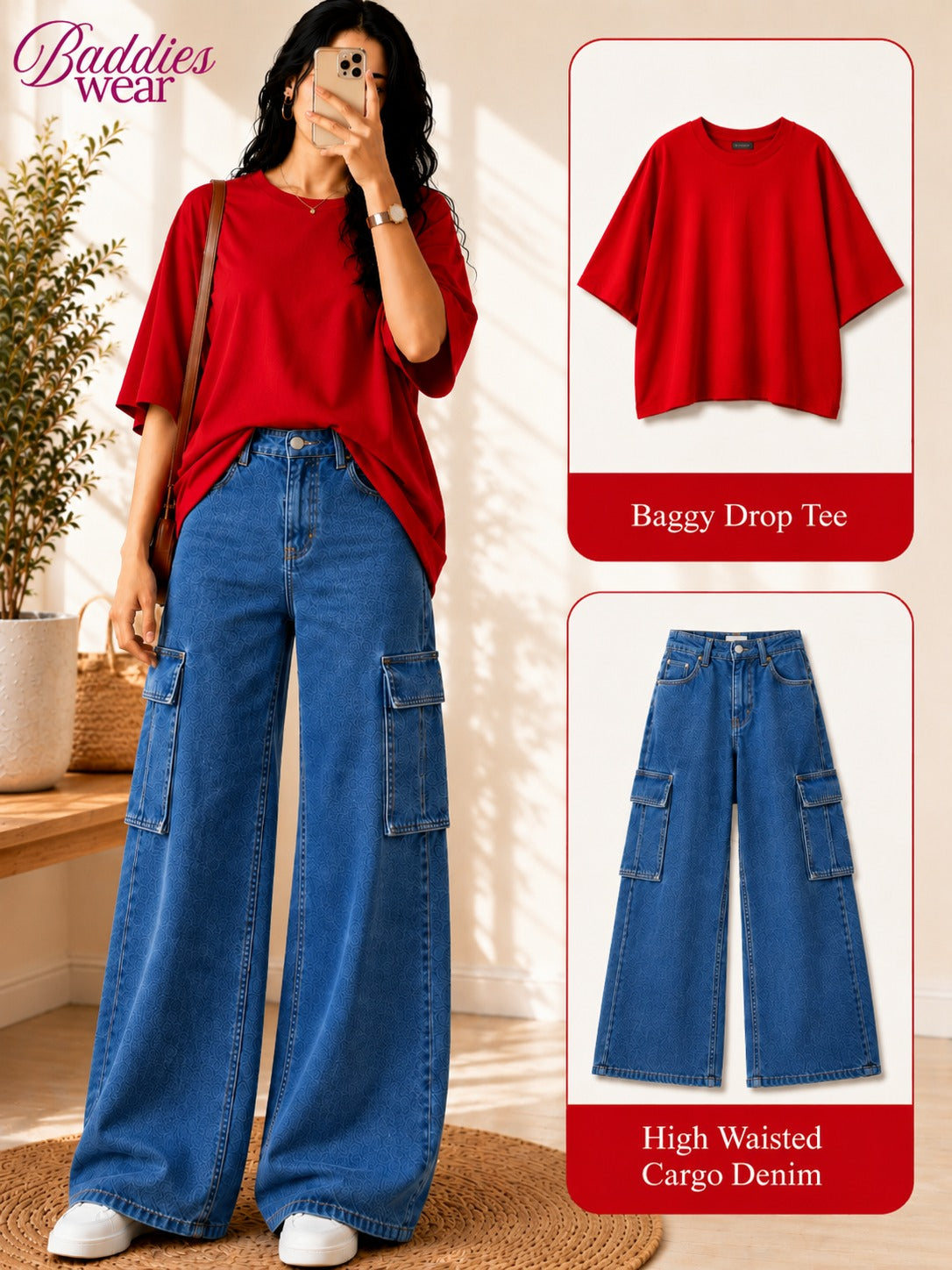 Red Drop-Shoulder T-Shirt & Mid-Blue Cargo Jeans