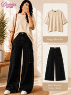 Beige Drop-Shoulder T-Shirt & Black Cargo Jeans