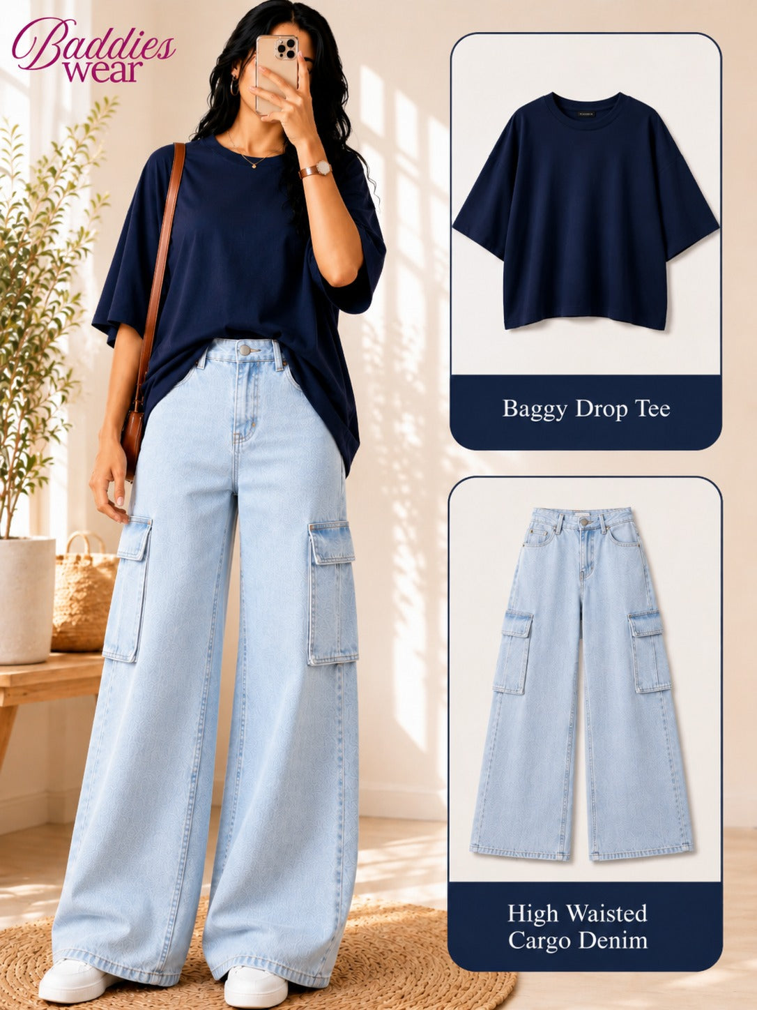 Navy Blue Drop-Shoulder T-Shirt & Ice-Blue Cargo Jeans