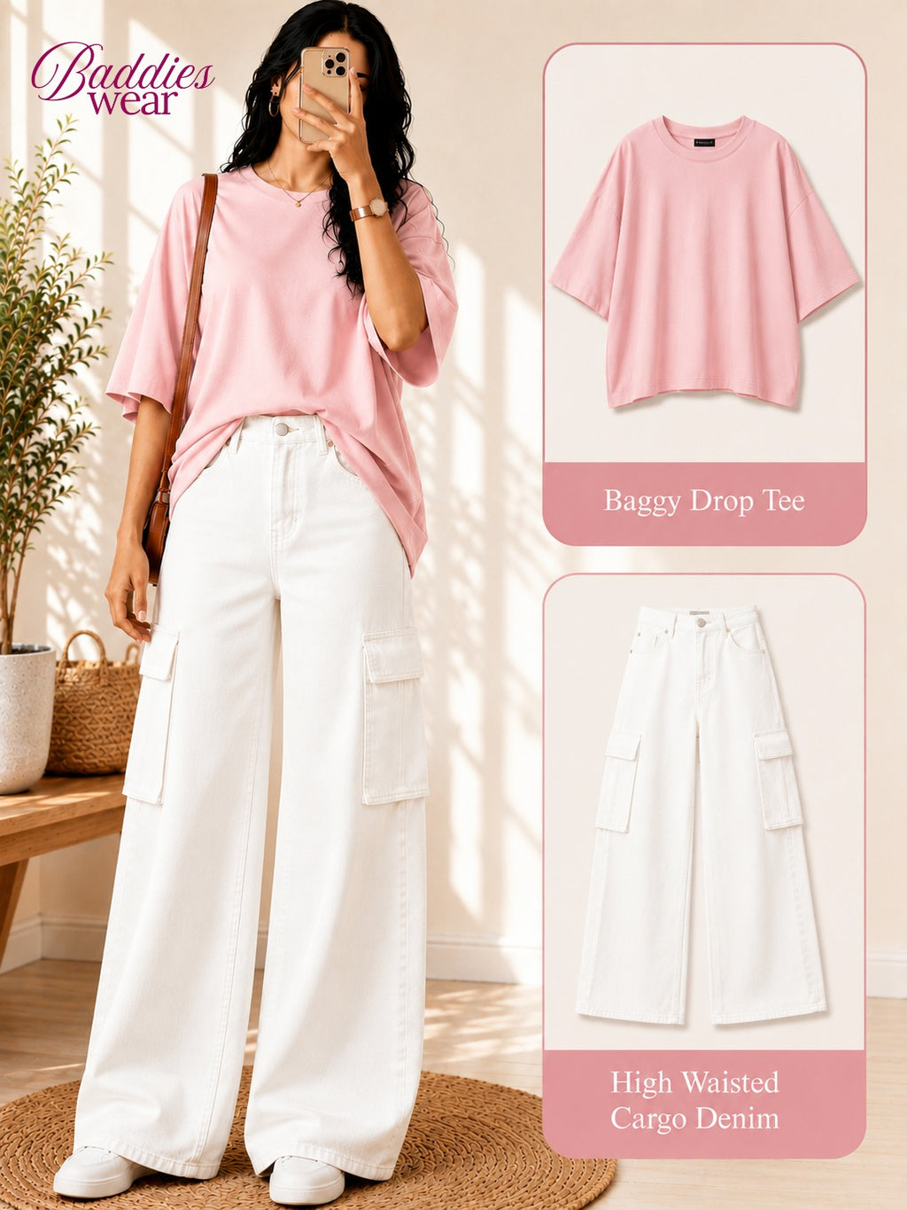 Baby Pink Drop-Shoulder T-Shirt & White Cargo Jeans