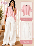Baby Pink Drop-Shoulder T-Shirt & White Cargo Jeans