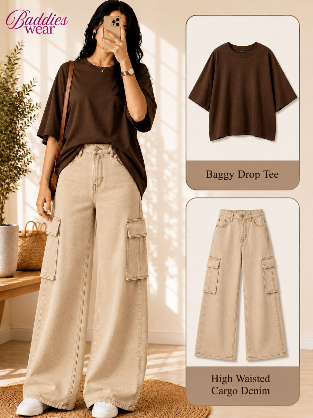 Brown Drop Shoulder Tee & Beige Cargo Denim Jeans